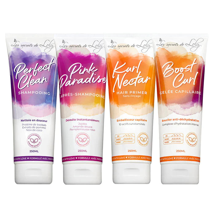Les secrets de Loly propose une routine capillaire de 4 produits pour des cheveux en bonne sante, soigneux et brillants