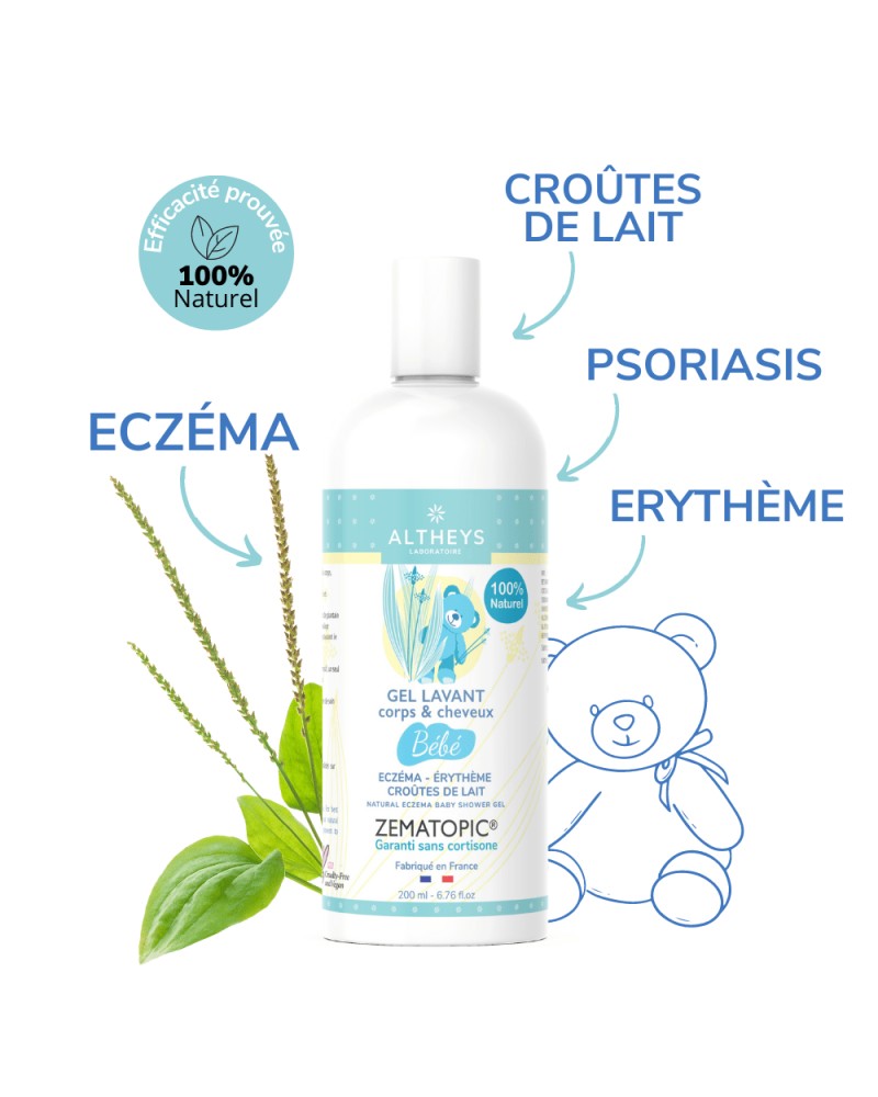 Gel douche bébé eczéma, psoriasis, croutes de lait, erythème sans cortisone